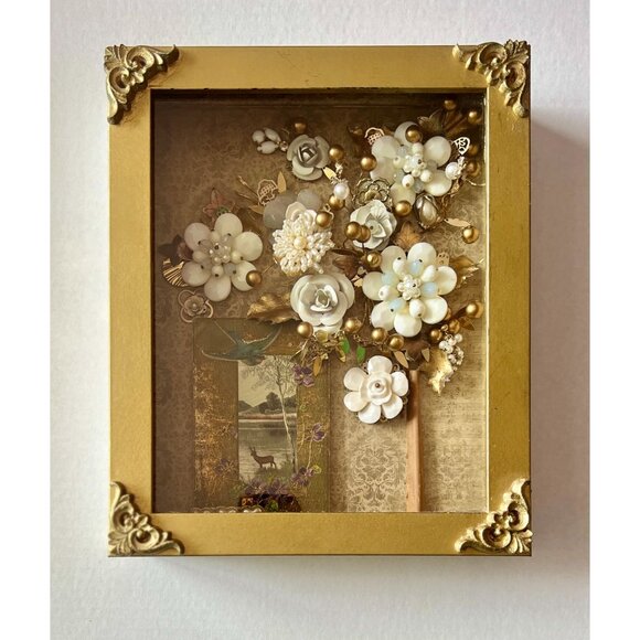 Vintage Gold Framed Flower Artwork With Pearls & Beads - Picture 2 of 10